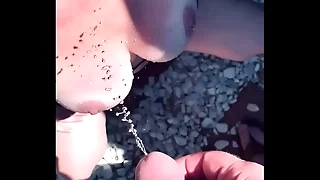Pissing on MILF Wife&rsquo;s Pierced Step Tits Outside Golden Shower